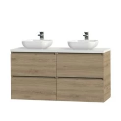 Tiger Karlo Badkamermeubelset 120 Cm Chalet Eik Met Wit Houten Wasblad En Glanzend Witte Keramische Waskom