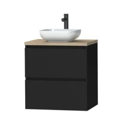 Tiger Karlo Badkamermeubel 60cm Mat Zwart Met Eiken Wasblad En Keramische Waskom