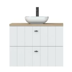 Tiger Maryport Badkamermeubelset 80 Cm Mat Wit Met Licht Eiken Wasblad, Keramische Opzetkom En Matzwarte Grepen -Badkamer Verkoop 123 782