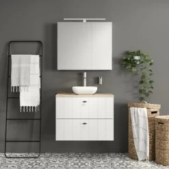 Tiger Maryport Badkamermeubelset 80 Cm Mat Wit Met Licht Eiken Wasblad, Keramische Opzetkom En Matzwarte Grepen -Badkamer Verkoop 123 788