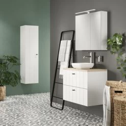 Tiger Maryport Badkamermeubelset 80 Cm Mat Wit Met Licht Eiken Wasblad, Keramische Opzetkom En Matzwarte Grepen -Badkamer Verkoop 123 789